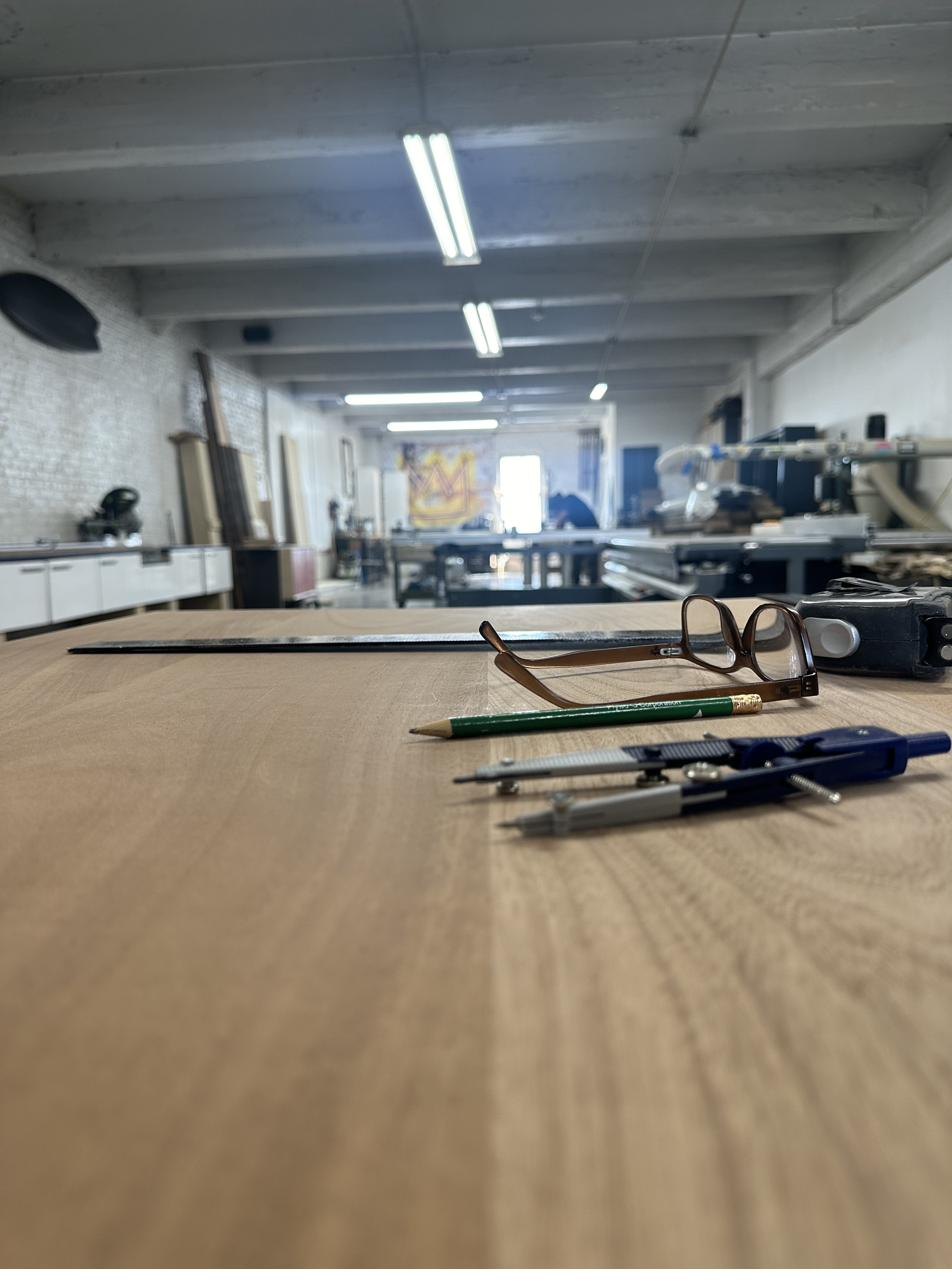 The studio workbench — drawing tools and machinery